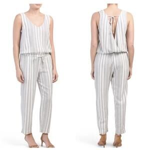 Cloth & Stone Jumpsuit Linen Rayon size L Gray Striped Keyhole Tie Back Pockets